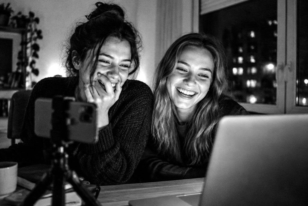 Two friends laughing together on one camera